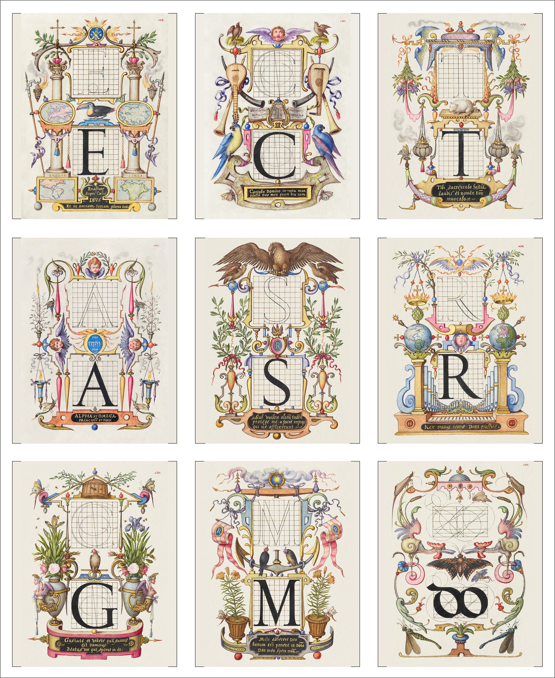 Vintage Art Fabric Prints x 9 16th Century Letters