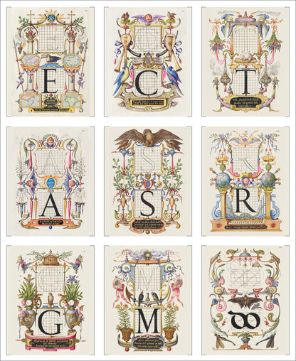Vintage Art Fabric Prints x 9 16th Century Letters
