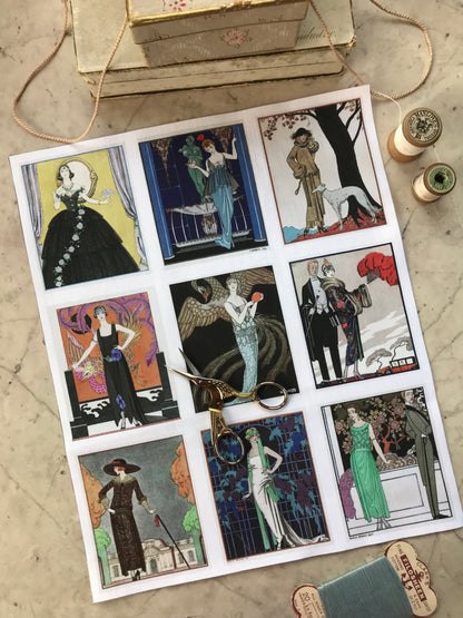 Set of 9 Mini Vintage Art Fabric Prints | 1920's Fashion
