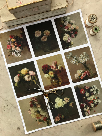 Set of 9 Mini Vintage Art Fabric Prints | Henri Fantin-Latour Florals