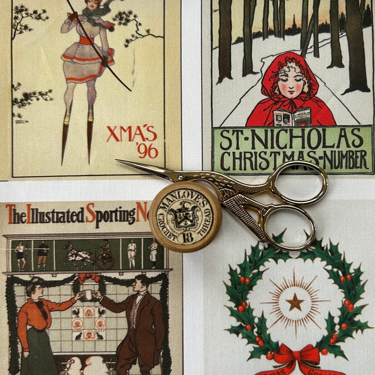 Set of 9 Mini Vintage Art Fabric Prints | Festive Illustrations