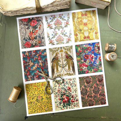 Set of 9 Mini Vintage Art Fabric Prints | Antique Wallpapers