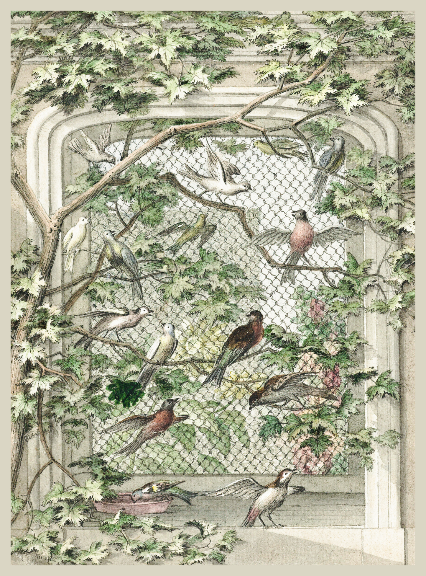 Vintage Art Textile Panel | Aviary