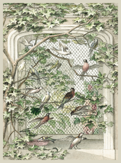 Vintage Art Textile Panel | Aviary