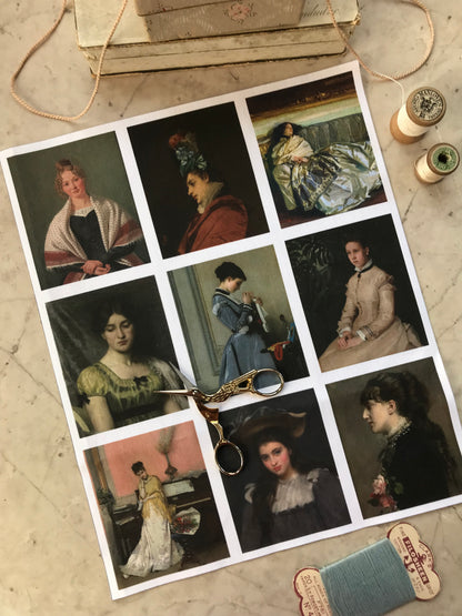 Set of 9 Mini Vintage Art Fabric Prints | 19th Century Portraits