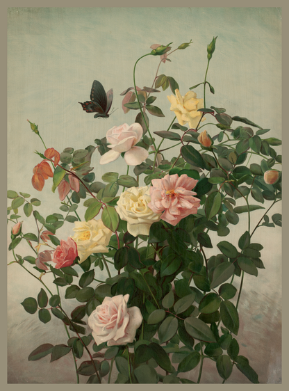 Vintage Art Textile Panel | Roses & Butterfly