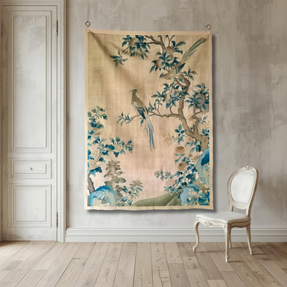 Vintage Art Textile Panel | Birds in a Peach Tree