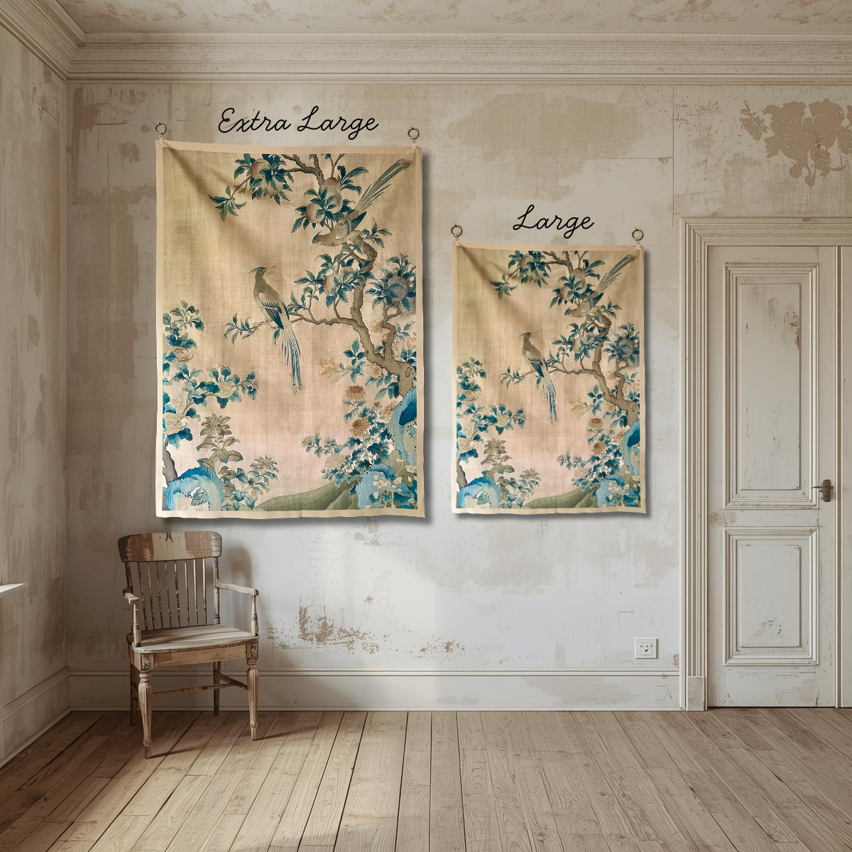 Vintage Art Textile Panel | Birds in a Peach Tree