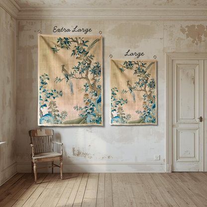 Vintage Art Textile Panel | Birds in a Peach Tree