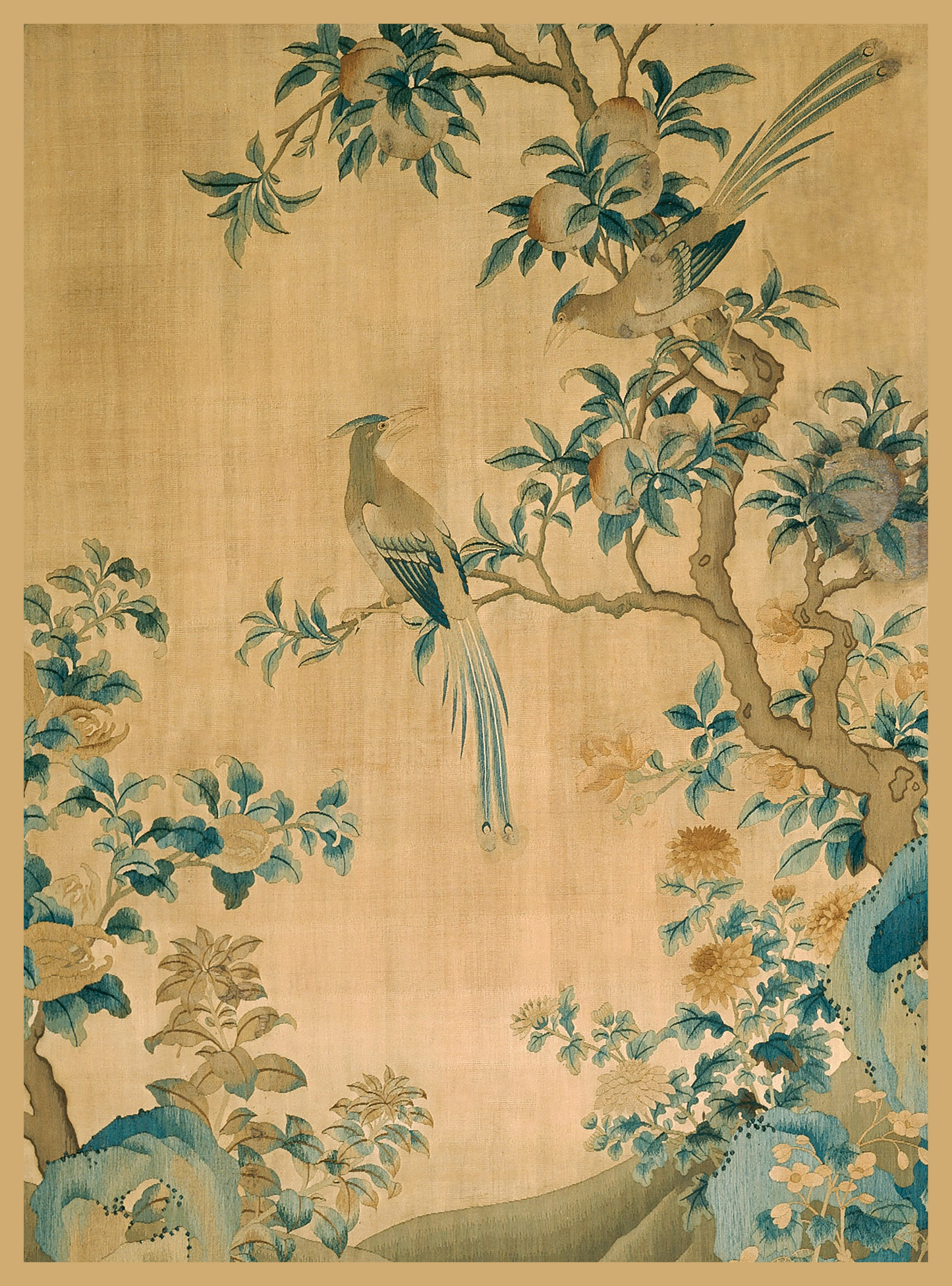 Vintage Art Textile Panel | Birds in a Peach Tree