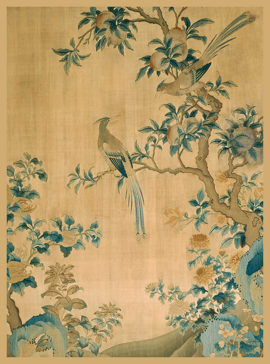 Vintage Art Textile Panel | Birds in a Peach Tree