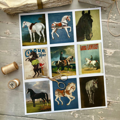 Set of 9 Mini Vintage Art Fabric Prints | Equine
