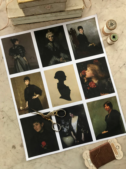 Set of 9 Mini Vintage Art Fabric Prints | Gothic Portraits