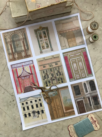 Set of 9 Mini Vintage Art Fabric Prints | Architecture