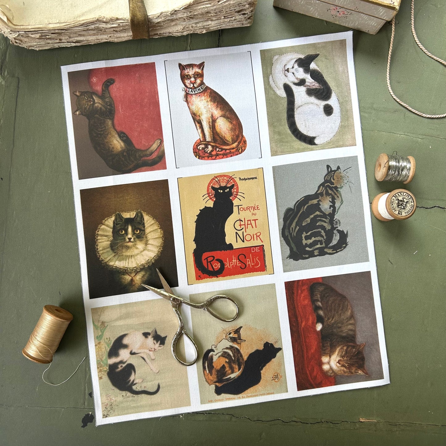 Set of 9 Mini Vintage Art Fabric Prints | Feline