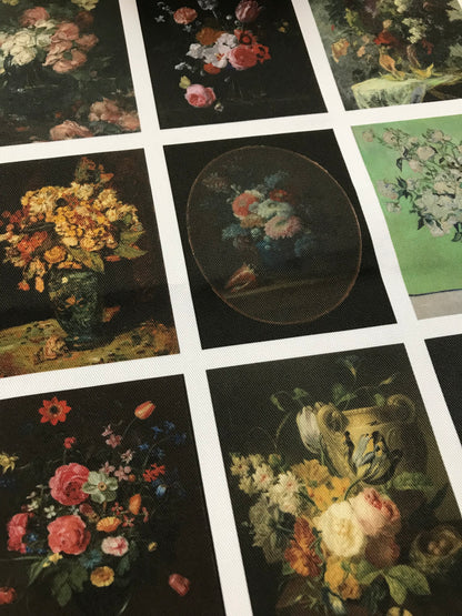 Set of 9 Mini Vintage Art Fabric Prints | Floral Paintings