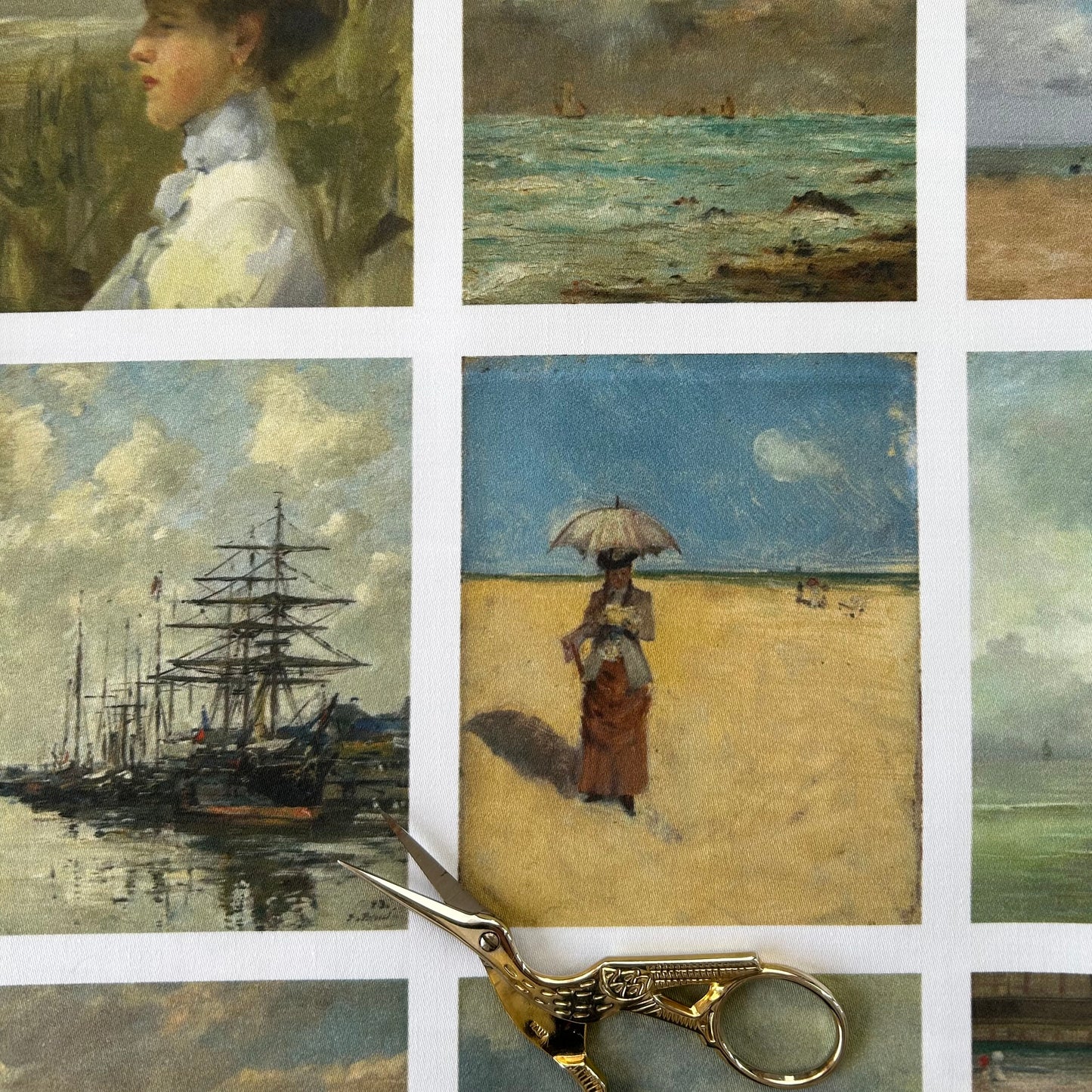 Set of 9 Mini Vintage Art Fabric Prints | Coastal