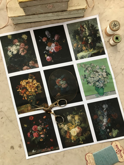 Set of 9 Mini Vintage Art Fabric Prints | Floral Paintings
