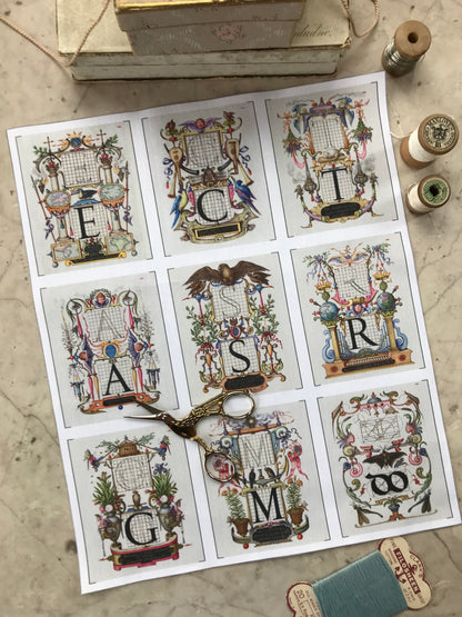 Set of 9 Mini Vintage Art Fabric Prints | 16th Century Letters