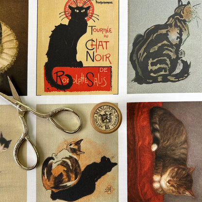 Set of 9 Mini Vintage Art Fabric Prints | Feline