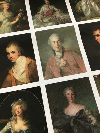 Set of 9 Mini Vintage Art Fabric Prints | 18th Century Portraits