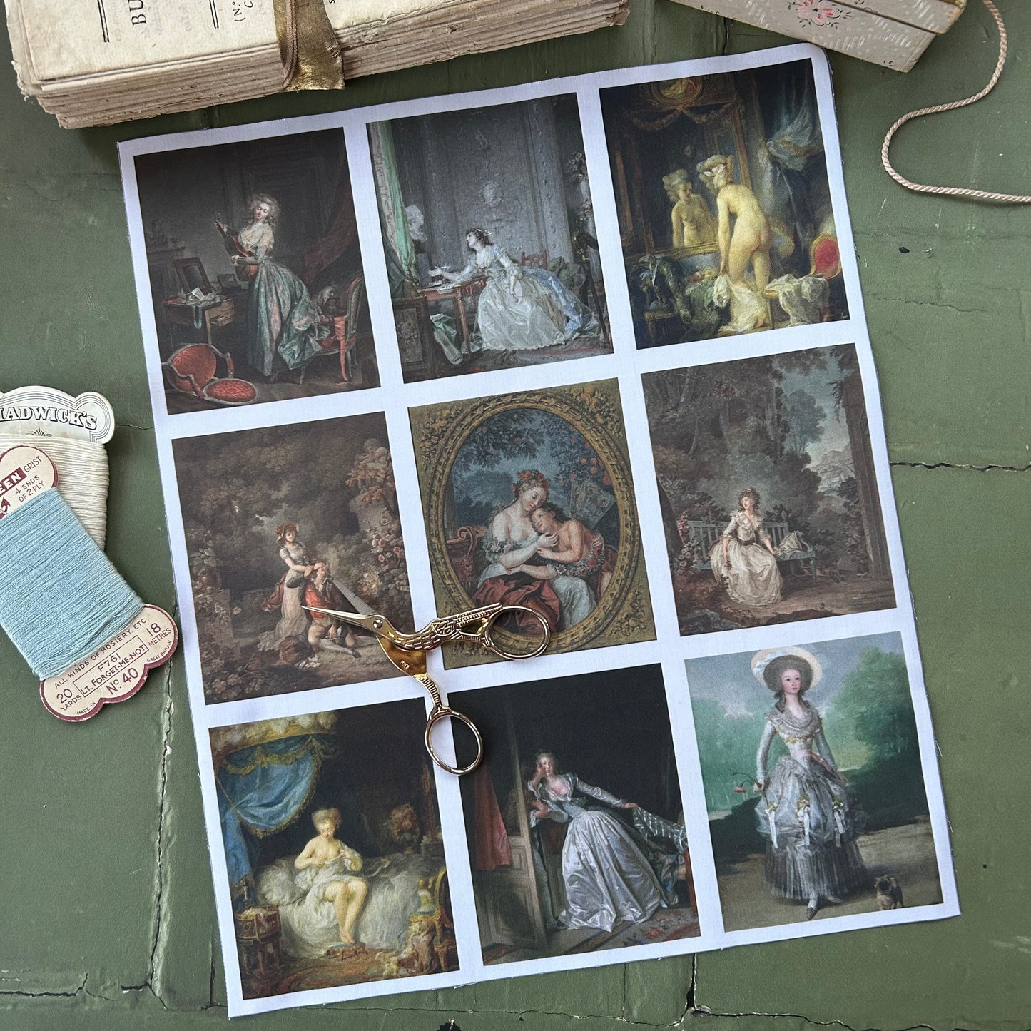 Set of 9 Mini Vintage Art Fabric Prints | Rococo