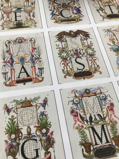 Set of 9 Mini Vintage Art Fabric Prints | 16th Century Letters