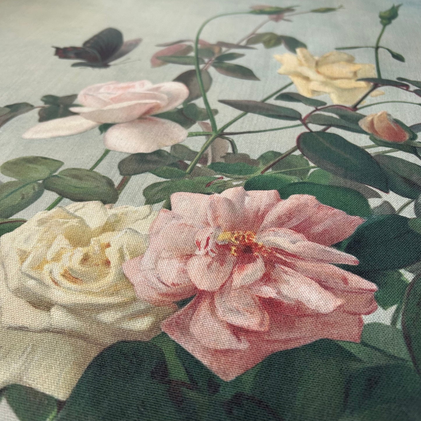 Vintage Art Textile Panel | Roses & Butterfly