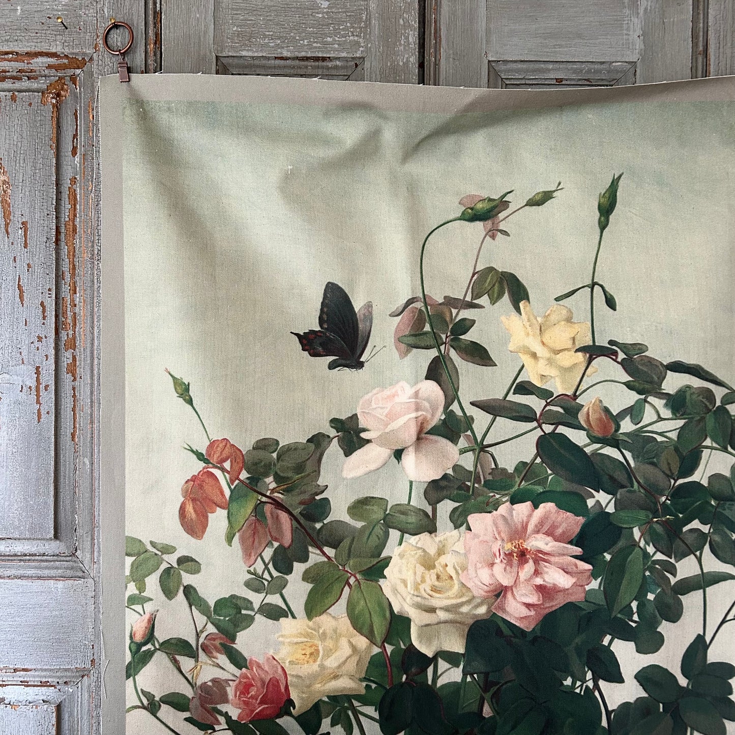 Vintage Art Textile Panel | Roses & Butterfly
