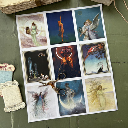 Set of 9 Mini Vintage Art Fabric Prints | Fairy Tale