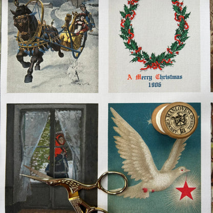 Set of 9 Mini Vintage Art Fabric Prints | Christmas