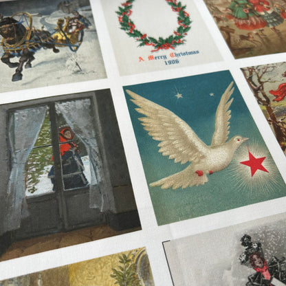 Set of 9 Mini Vintage Art Fabric Prints | Christmas