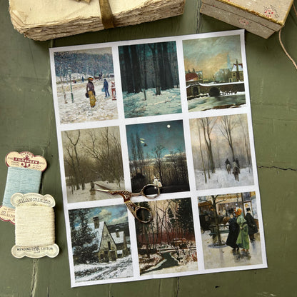 Set of 9 Mini Vintage Art Fabric Prints | Winter