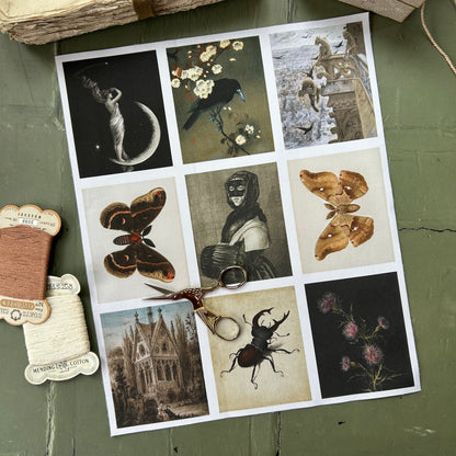 Set of 9 Mini Vintage Art Fabric Prints | Nocturne