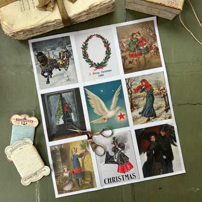 Set of 9 Mini Vintage Art Fabric Prints | Christmas