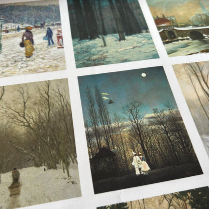 Set of 9 Mini Vintage Art Fabric Prints | Winter