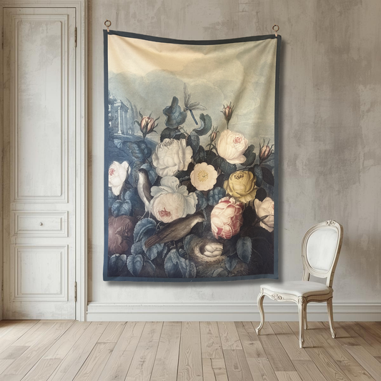 Vintage Art Textile Panel | Roses, Birds & Dragonfly