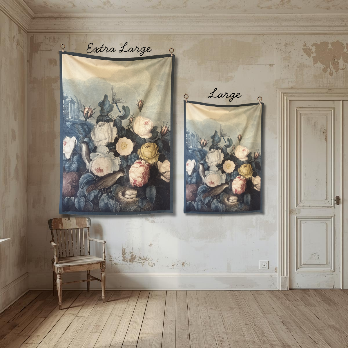 Vintage Art Textile Panel | Roses, Birds & Dragonfly