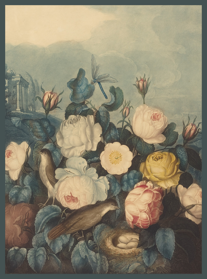 Vintage Art Textile Panel | Roses, Birds & Dragonfly