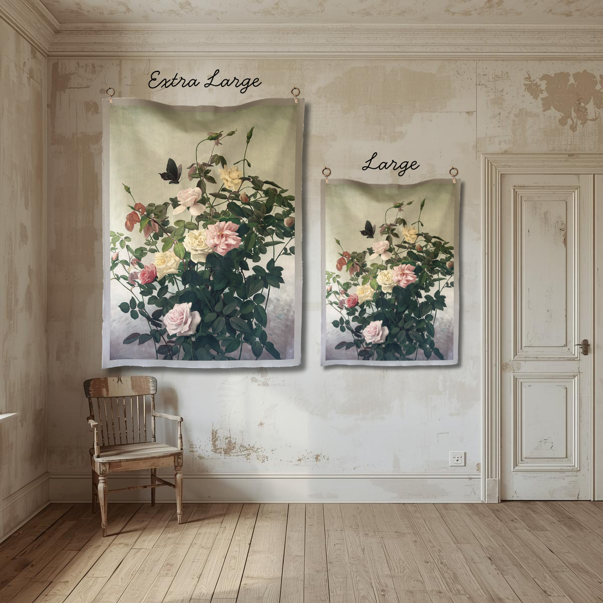 Vintage Art Textile Panel | Roses & Butterfly