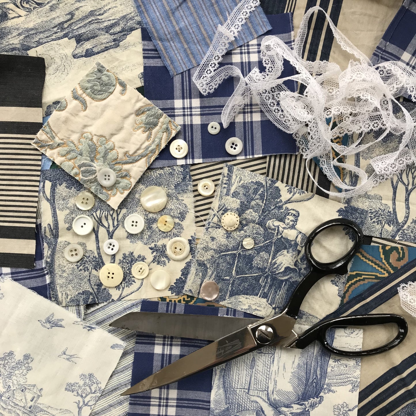 Vintage French Fabric Remnants Bundle | Blues